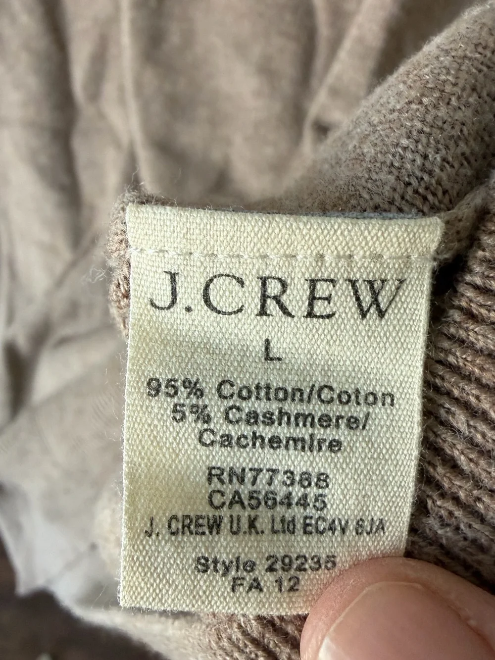 J Crew tan brown cotton cashmere v-neck long sleeve sweater Men’s sz L